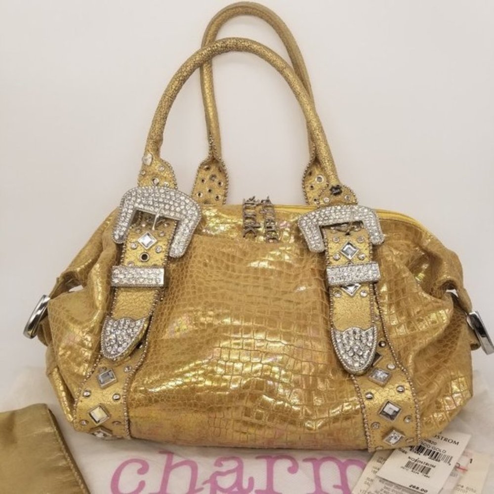 CHARM & LUCK LEATHER GOLD CRYSTAL JEWELED HANDBAG